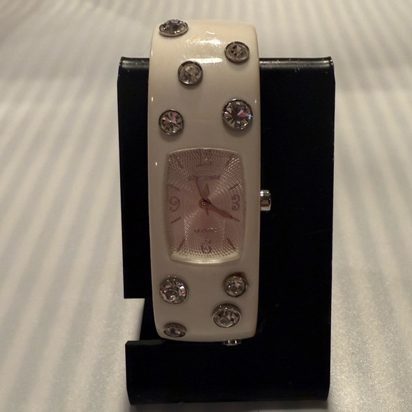 Vtg Betsy Johnson Swarvoski Watch Hinged Cuff Bracelet display picture 1